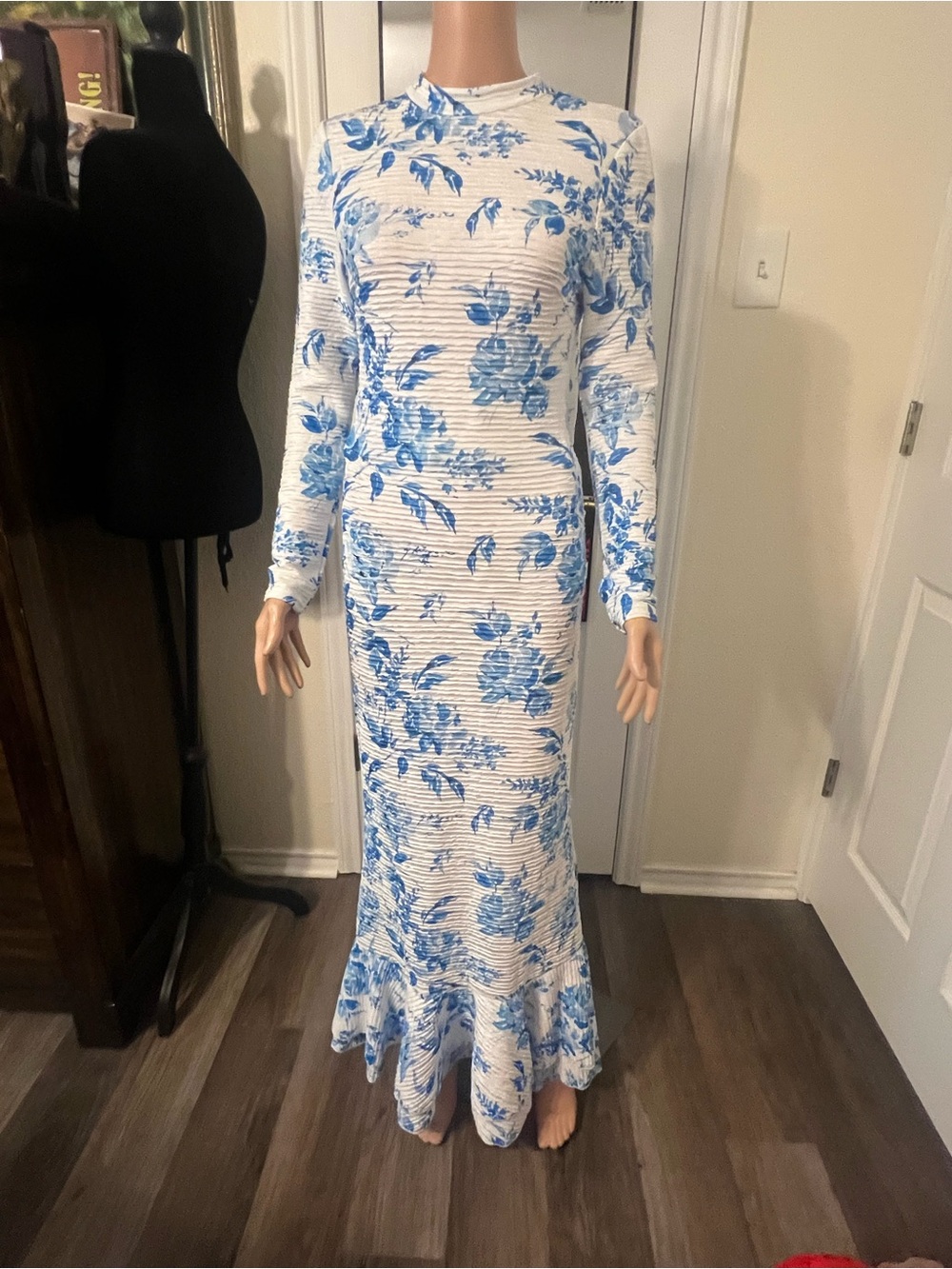Source Unknown Blue and White Long Sleeve Floral Maxi Dress